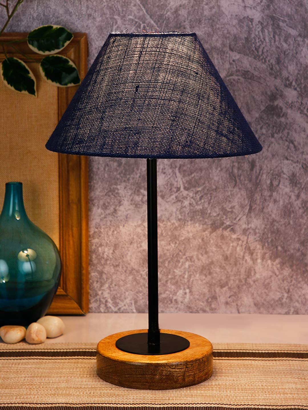 Conical Blue Jute Shade Table Lamp with Wood Base
