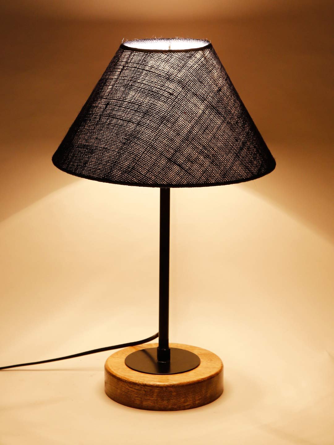 Conical Blue Jute Shade Table Lamp with Wood Base
