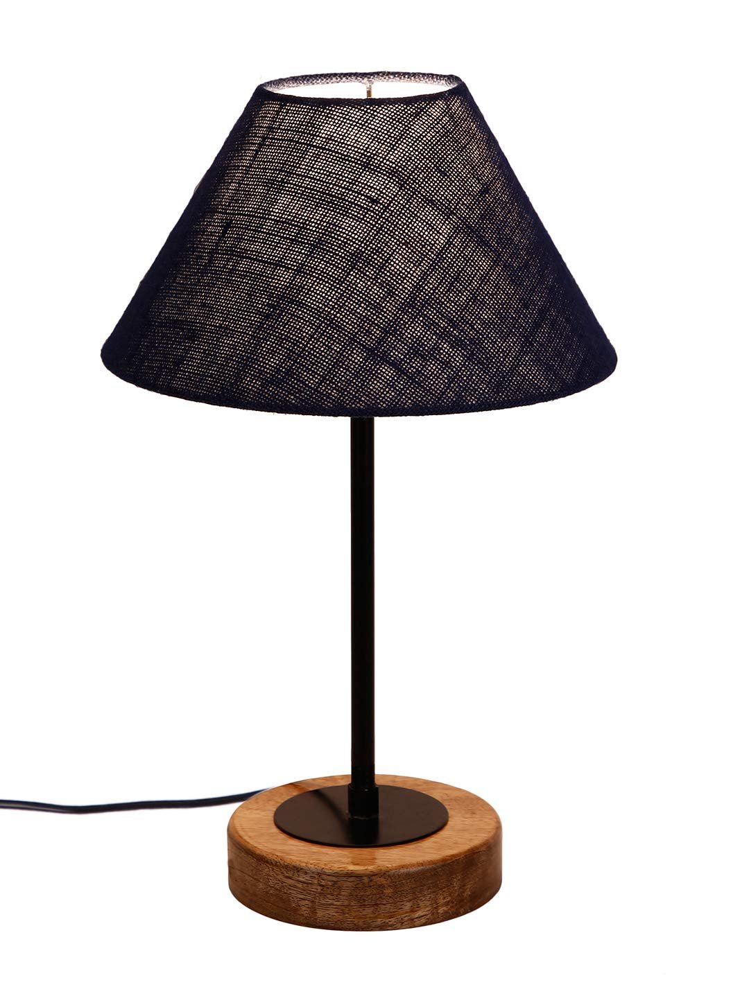 Conical Blue Jute Shade Table Lamp with Wood Base