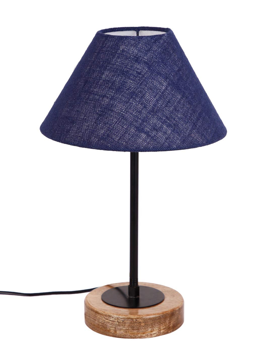 Conical Blue Jute Shade Table Lamp with Wood Base
