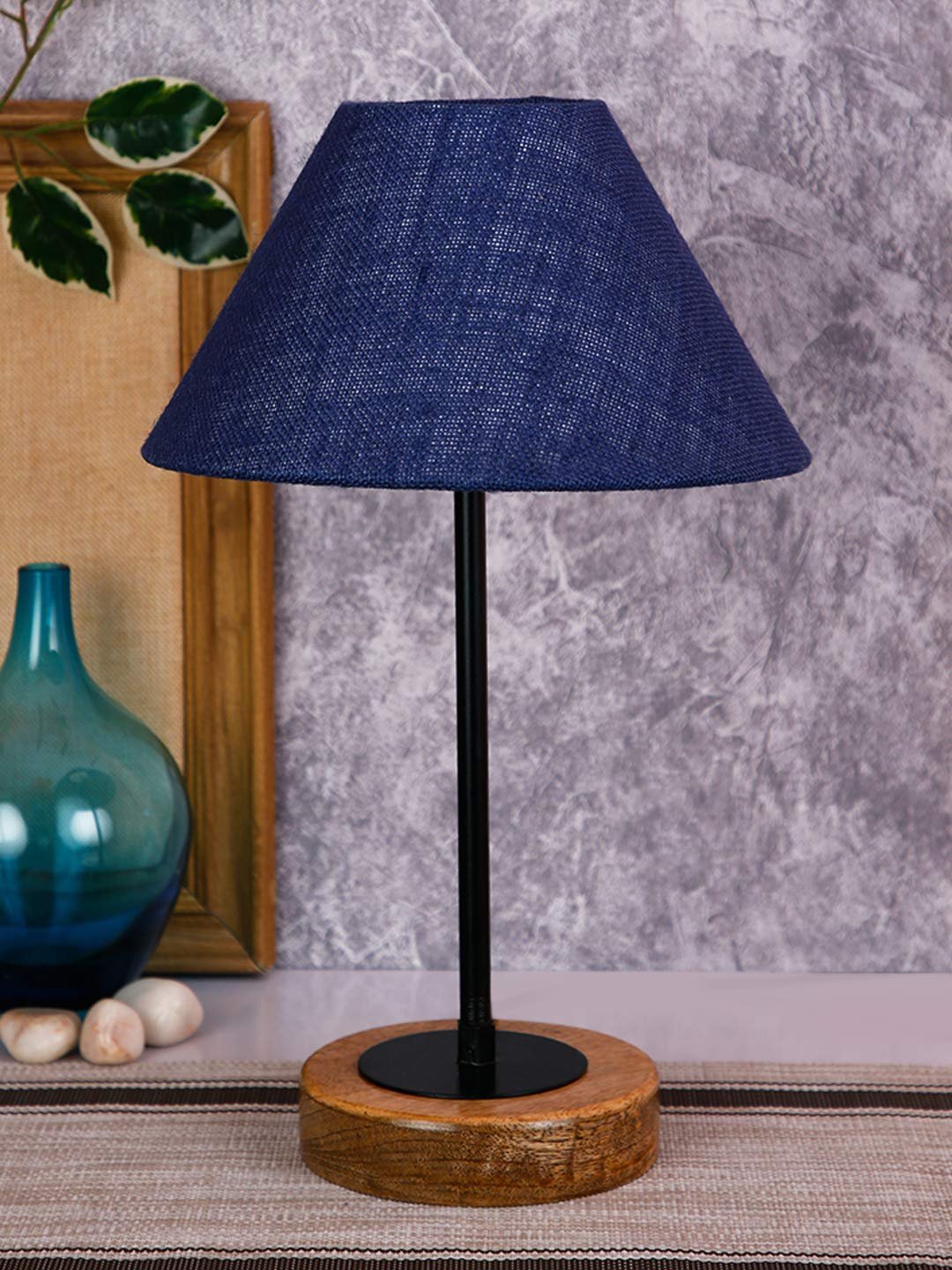 Conical Blue Jute Shade Table Lamp with Wood Base