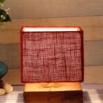 Square Maroon Jute Shade Table Lamp with Wood Base