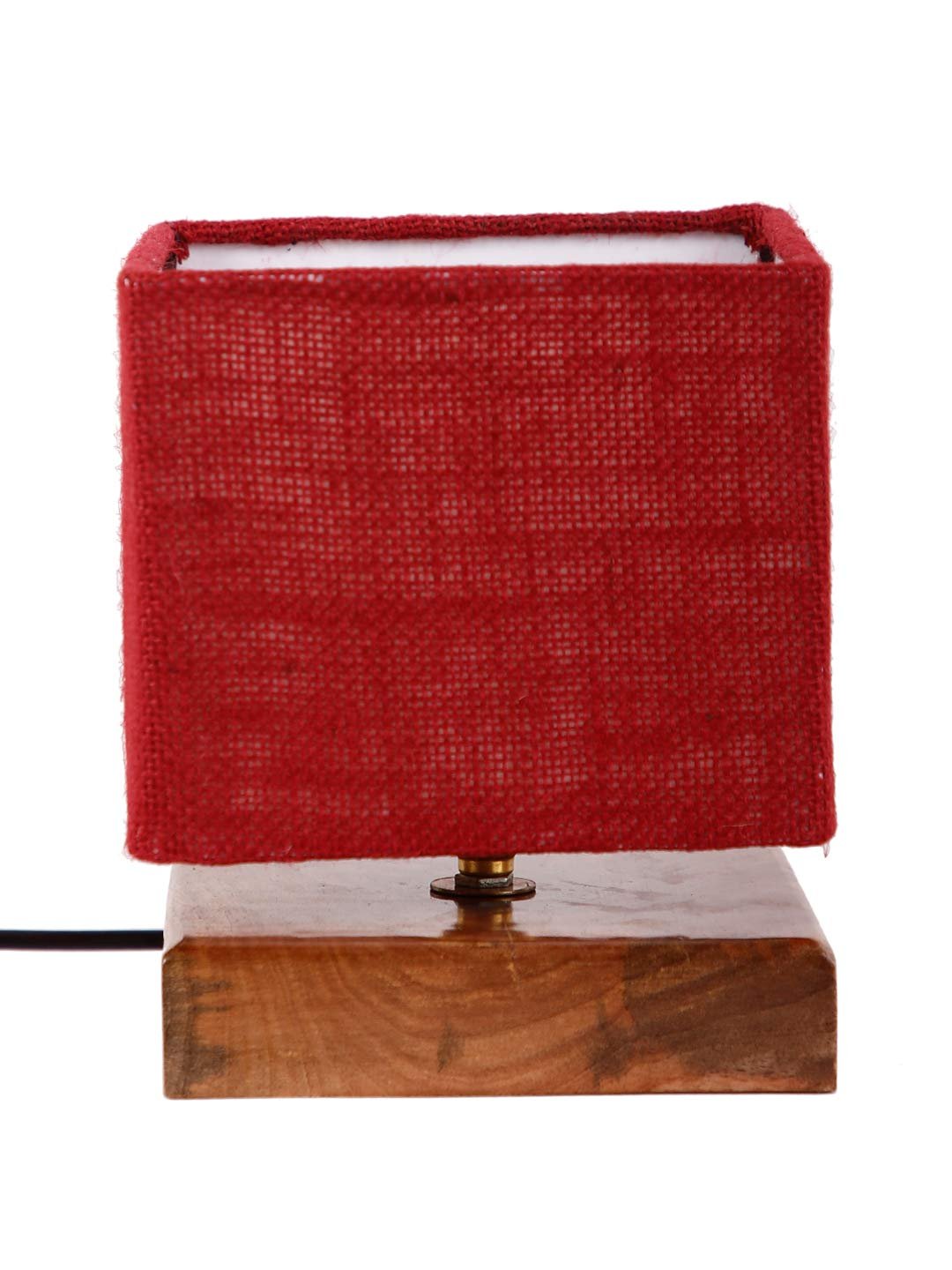 Square Maroon Jute Shade Table Lamp with Wood Base