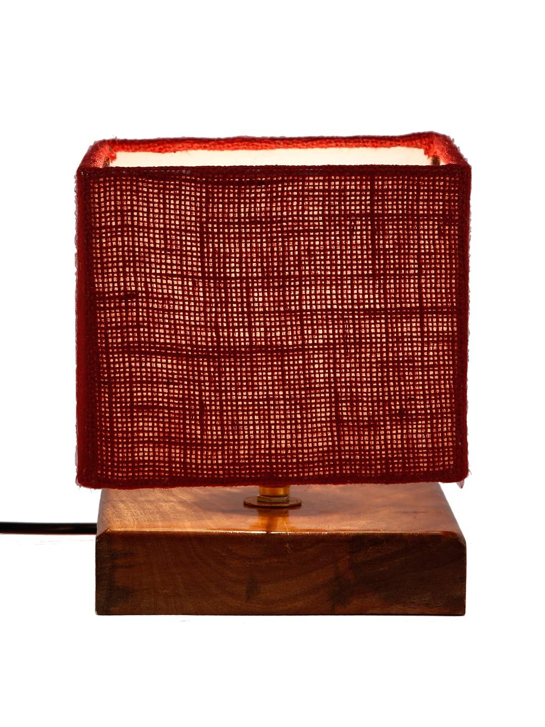 Square Maroon Jute Shade Table Lamp with Wood Base