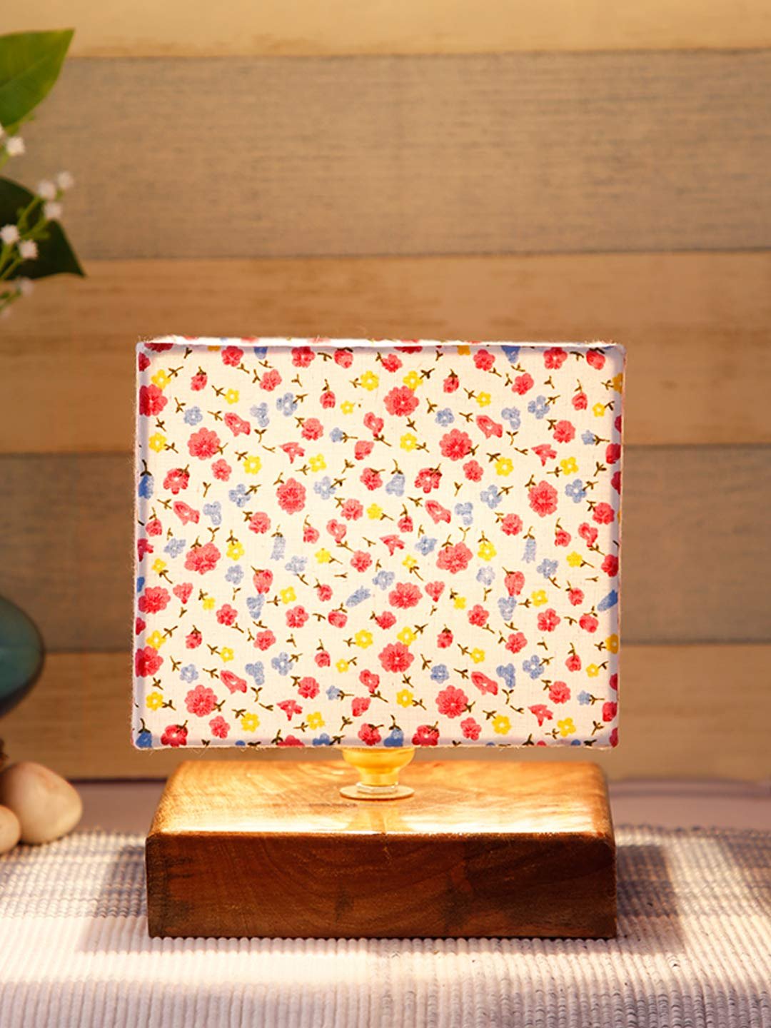 Square Multicolor Cotton Shade Table Lamp with Wood Base
