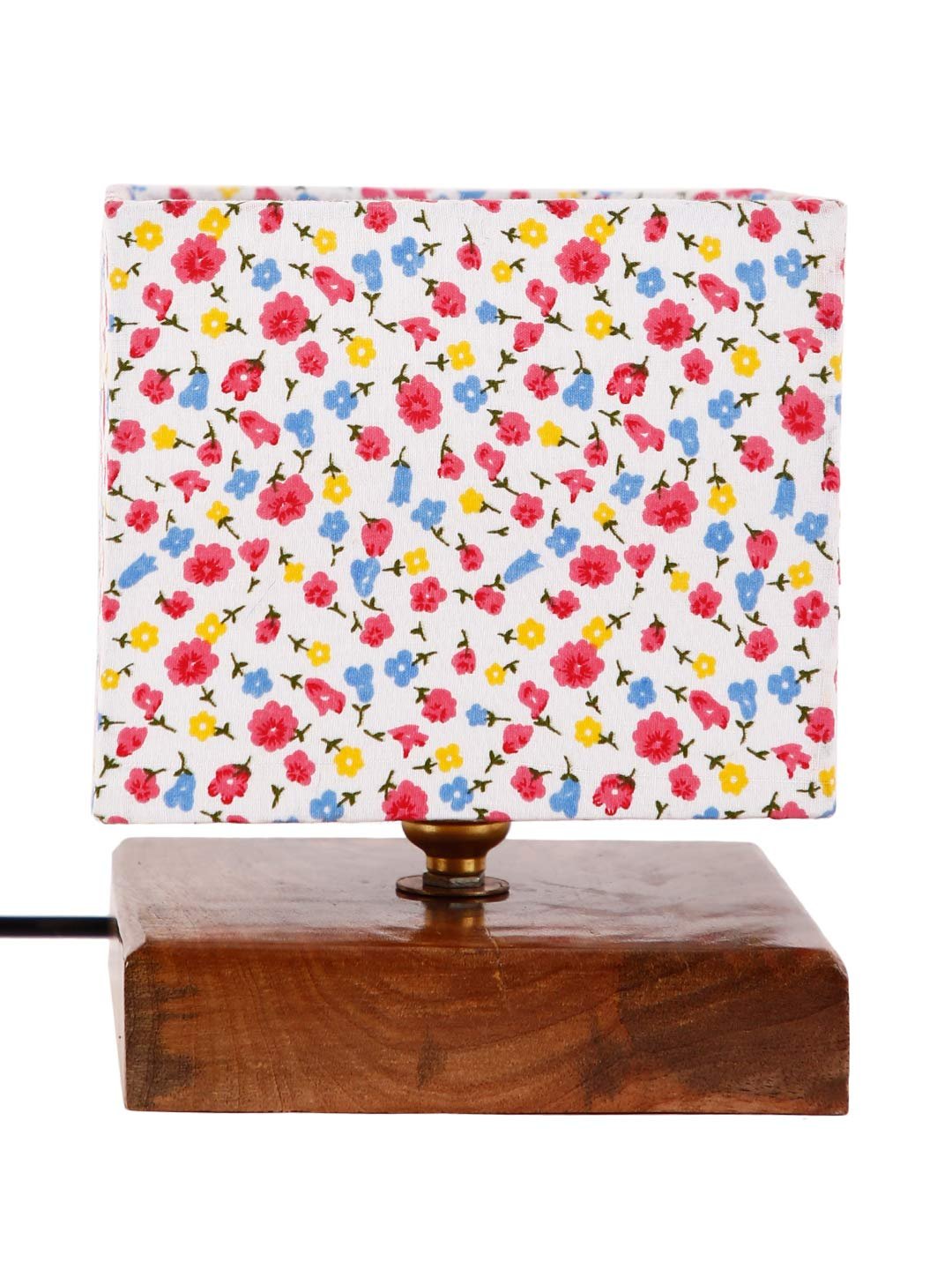 Square Multicolor Cotton Shade Table Lamp with Wood Base
