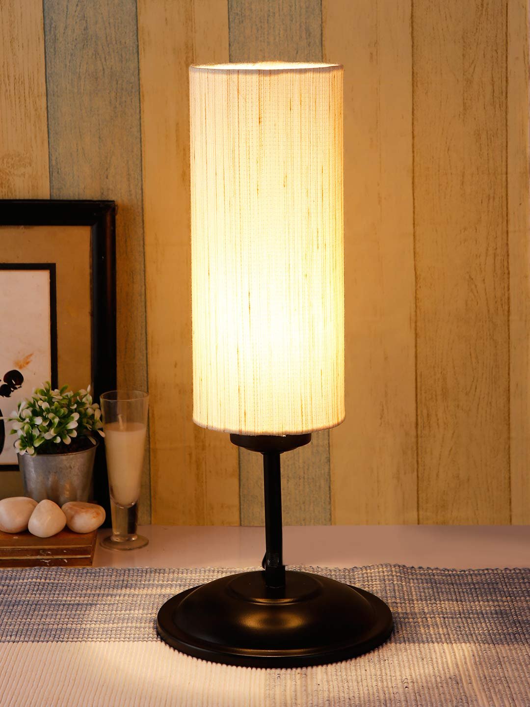 Cylindrical Off-White Cotton Shade Table Lamp with Black Base (Size : 6.75x6.75x16.1 Inches)