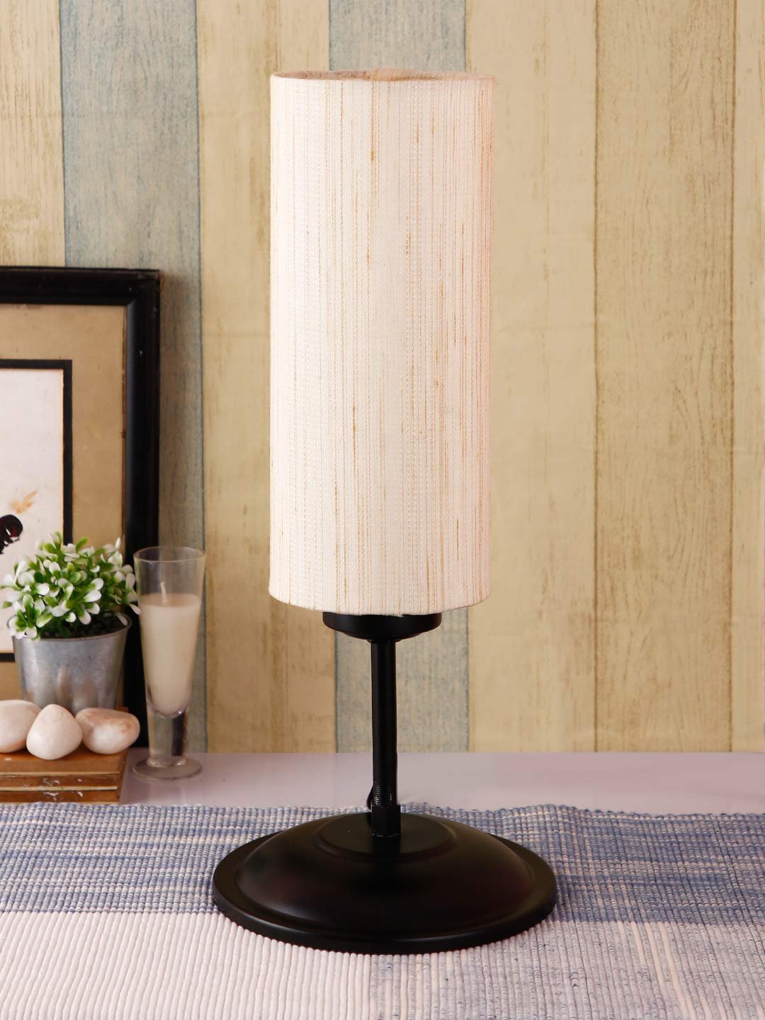 Cylindrical Off-White Cotton Shade Table Lamp with Black Base (Size : 6.75x6.75x16.1 Inches)
