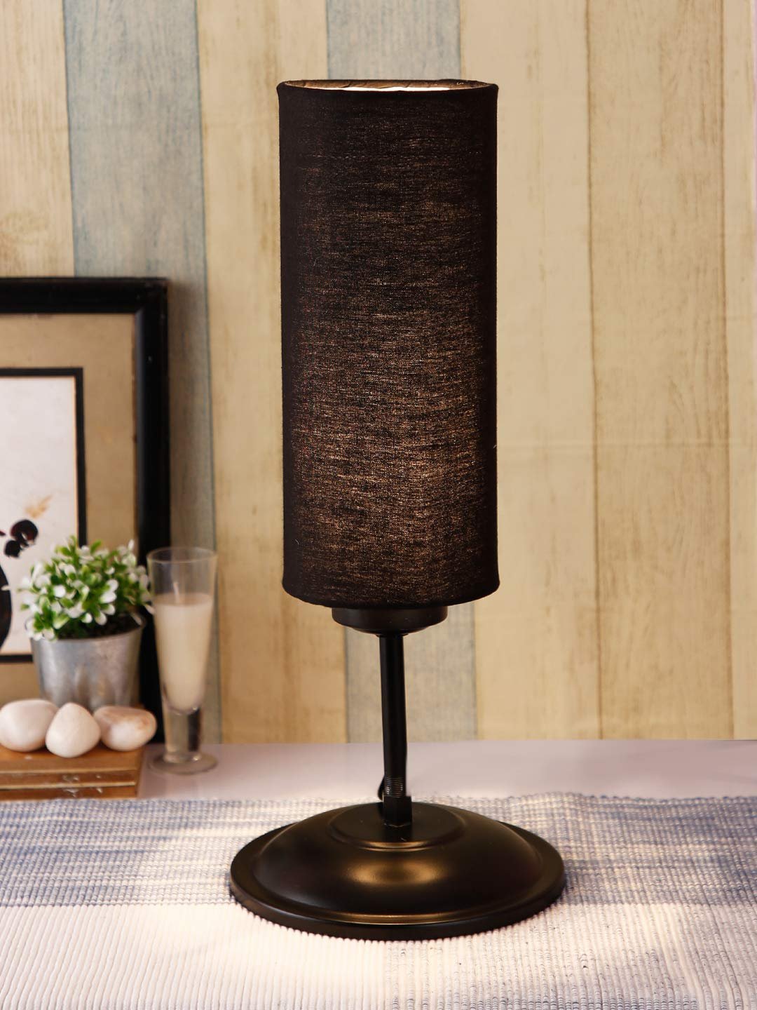 Cylindrical Cotton Shade Table Lamp with Black Base for Home/Office/Gifting - (Size : 6.75x6.75x16.1 Inches, Colour : Black)