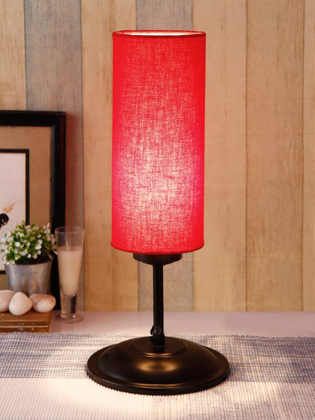 Cylindrical Red Cotton Shade Table Lamp with Black Base (Size : 6.75x6.75x16.1 Inches)