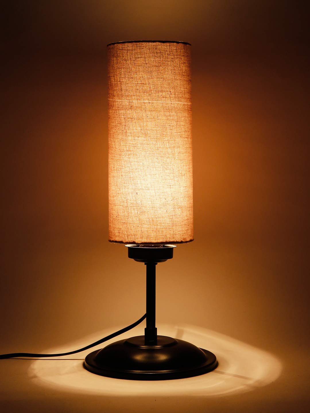 Cylindrical Grey Cotton Shade Table Lamp with Black Base