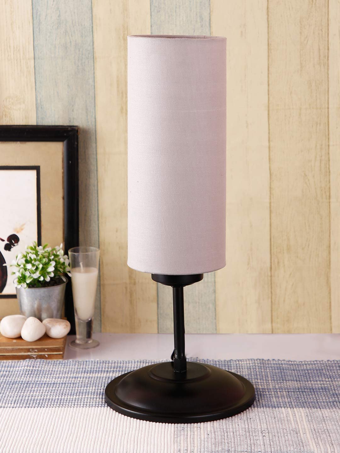 Cylindrical Grey Cotton Shade Table Lamp with Black Base