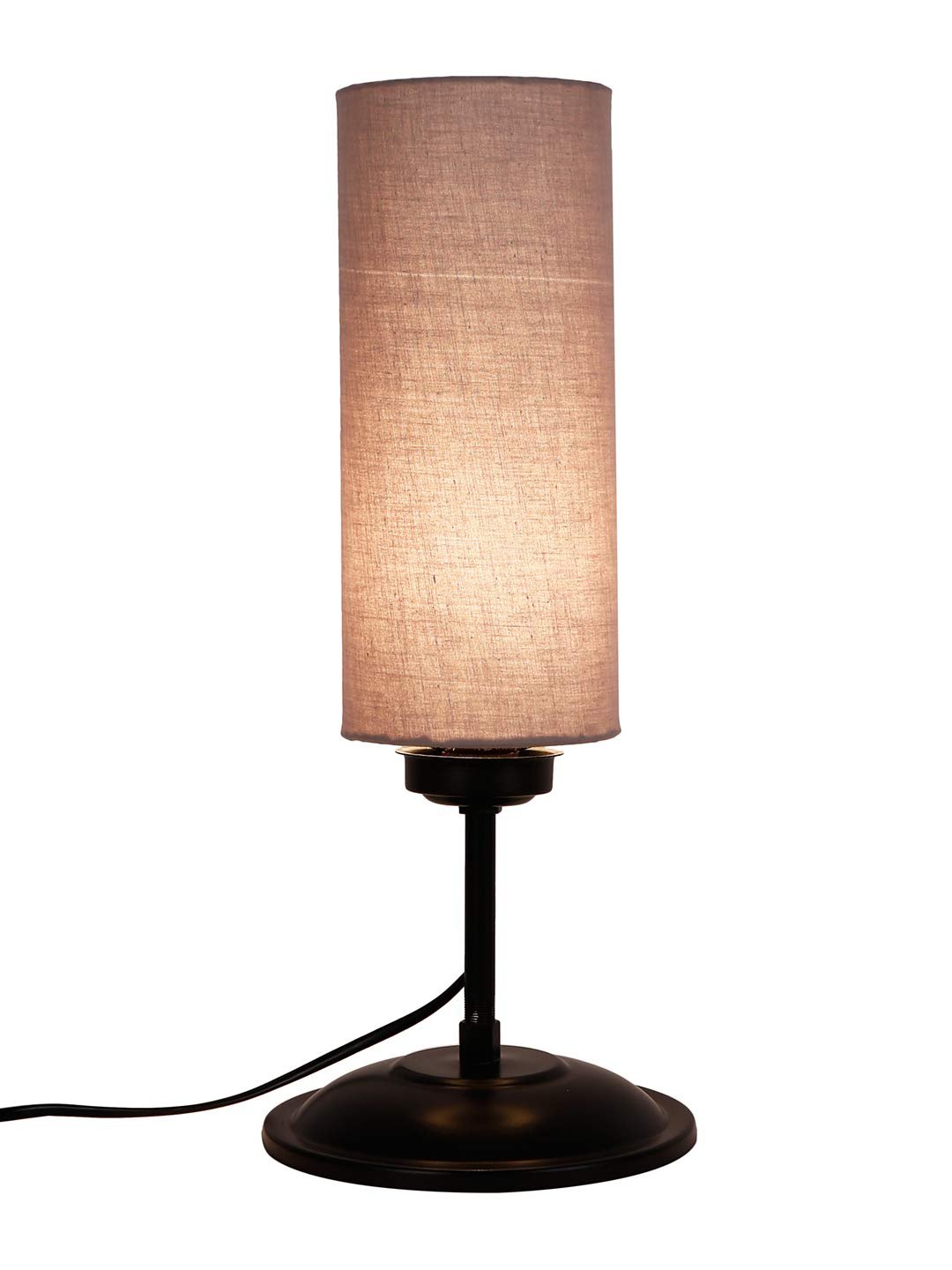 Cylindrical Grey Cotton Shade Table Lamp with Black Base