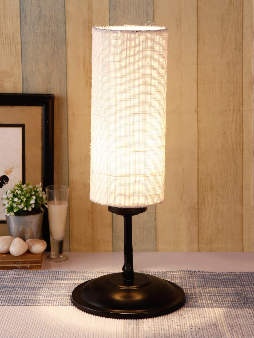 Cylindrical Jute Shade Table Lamp with Black Base for Home/Office/Gifting - (Size : 6.75x6.75x16.1 Inches, Colour : White)