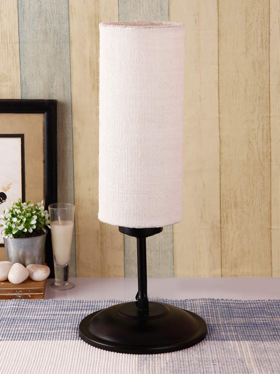 Cylindrical Jute Shade Table Lamp with Black Base for Home/Office/Gifting - (Size : 6.75x6.75x16.1 Inches, Colour : White)