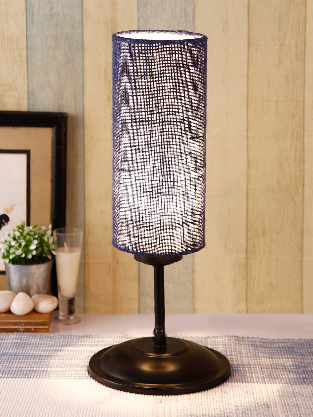 Cylindrical Blue Jute Shade Table Lamp with Black Base (Size : 6.75x6.75x16.1 Inches)