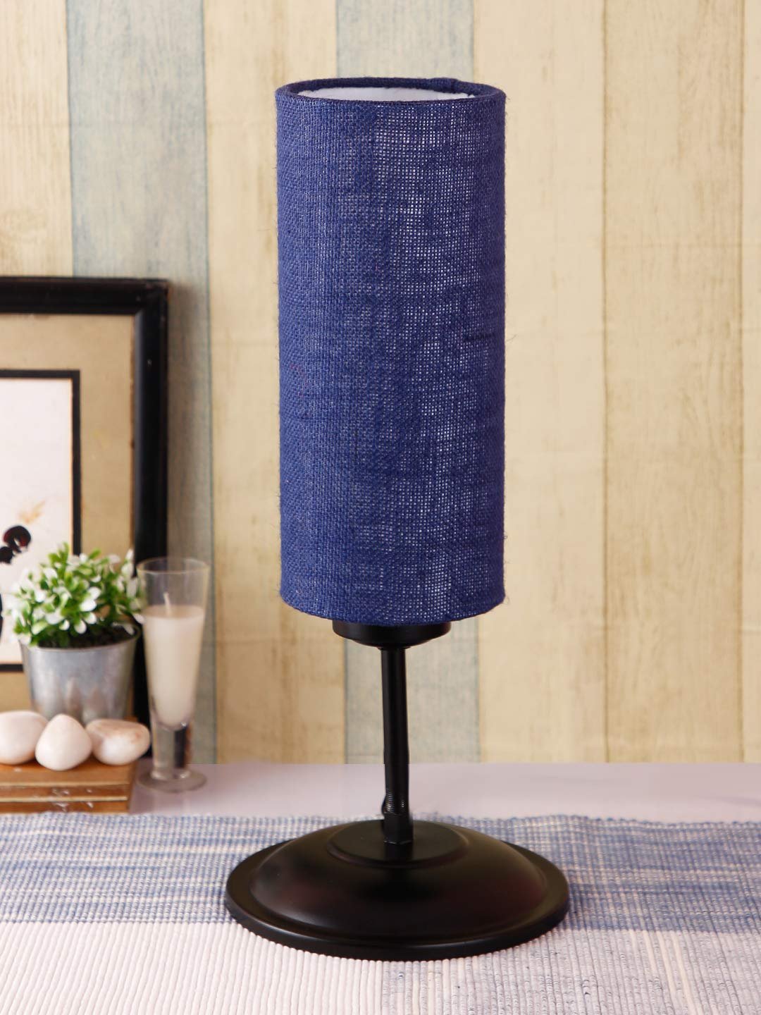 Cylindrical Blue Jute Shade Table Lamp with Black Base (Size : 6.75x6.75x16.1 Inches)
