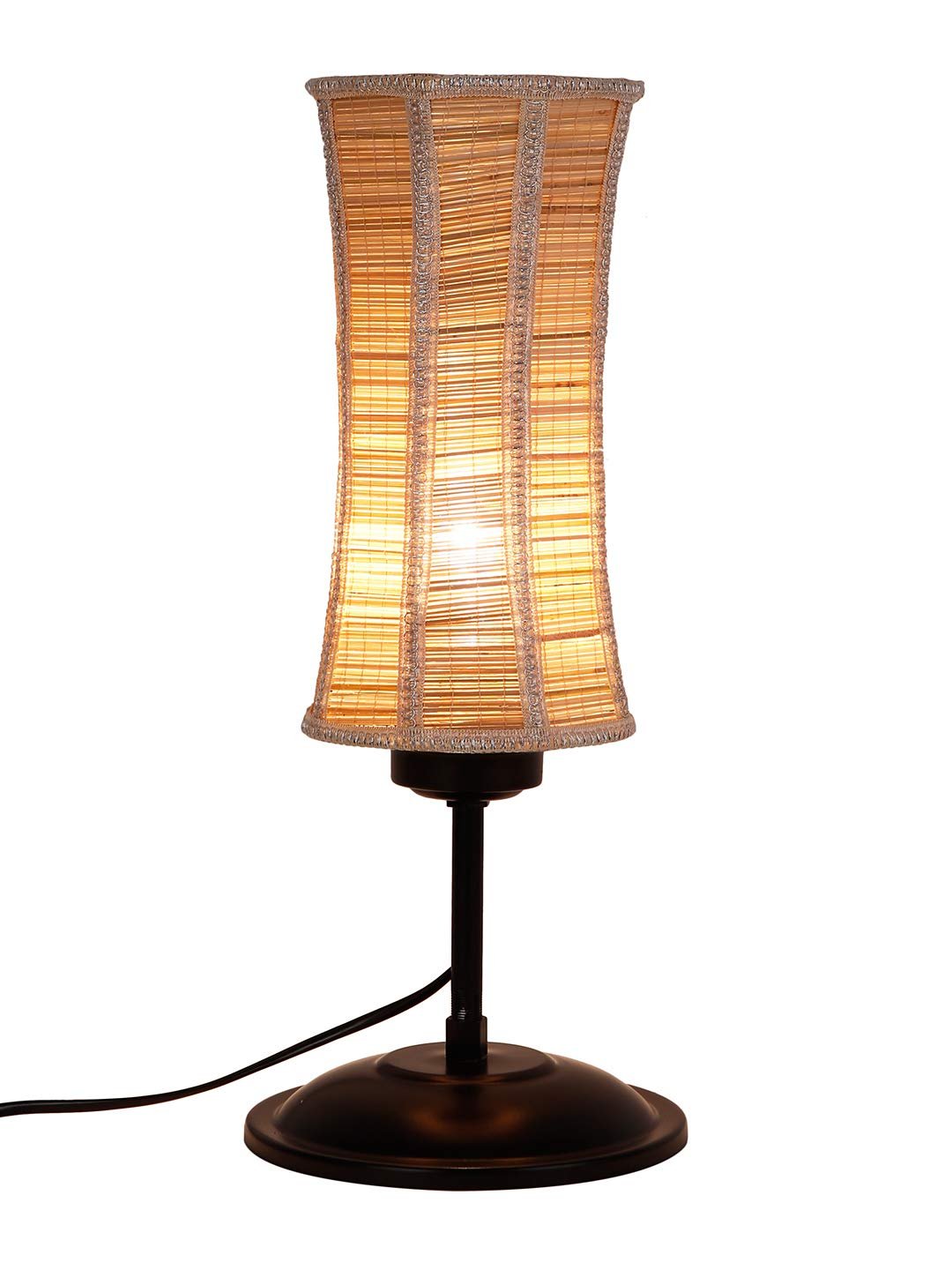 Damru Bamboo Shade Table Lamp with Black Base (Size : 6.75x6.75x16 Inches)