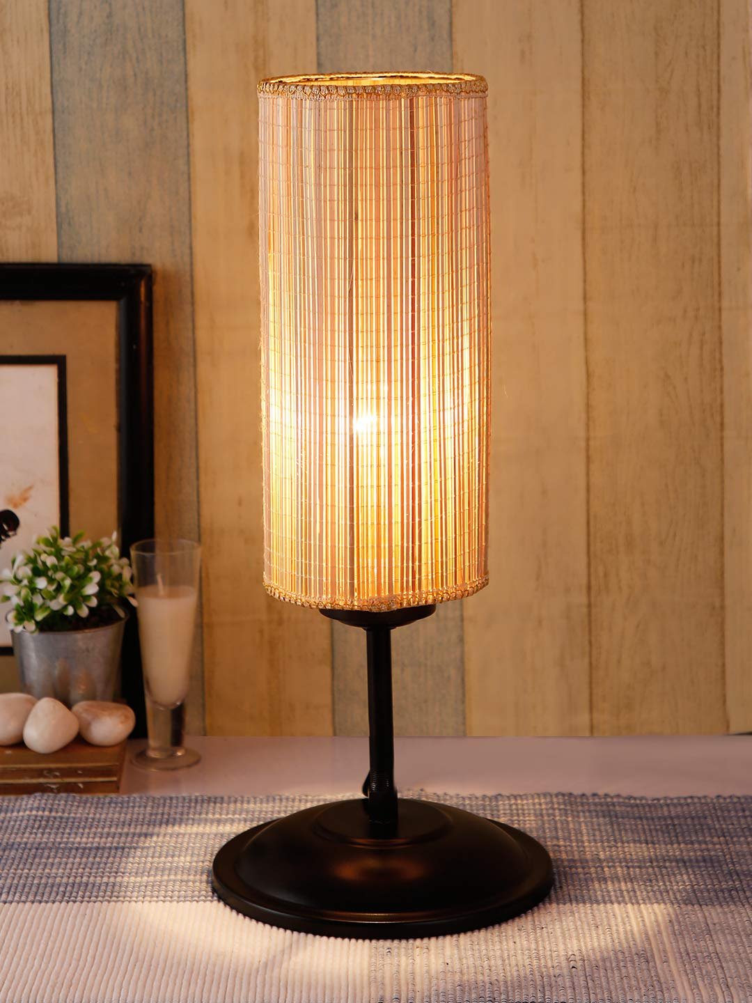 Cylindrical Bamboo Shade Table Lamp with Black Base (Size : 6.75x6.75x16.1 Inches)