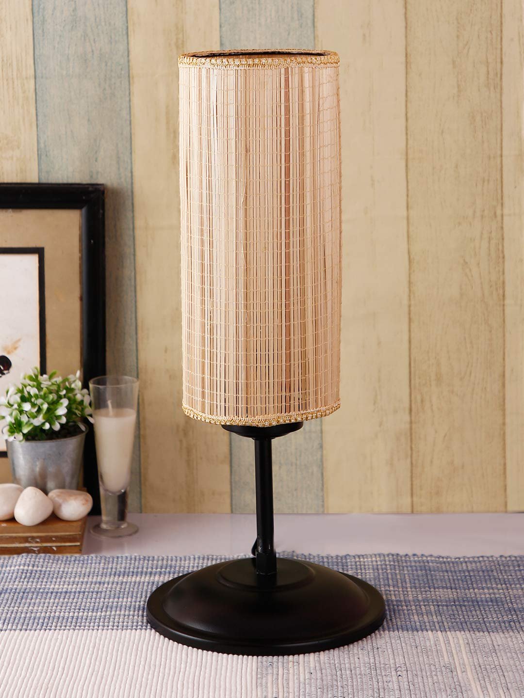 Cylindrical Bamboo Shade Table Lamp with Black Base (Size : 6.75x6.75x16.1 Inches)