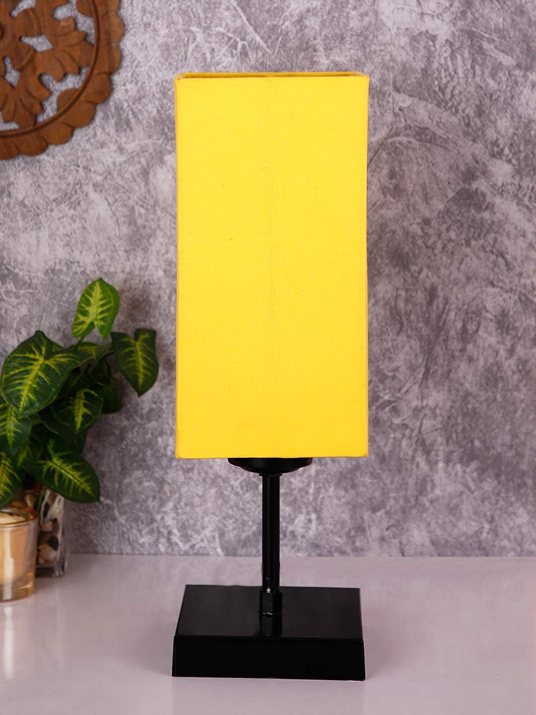 Square Yellow Cotton Shade Table Lamp with Iron Base