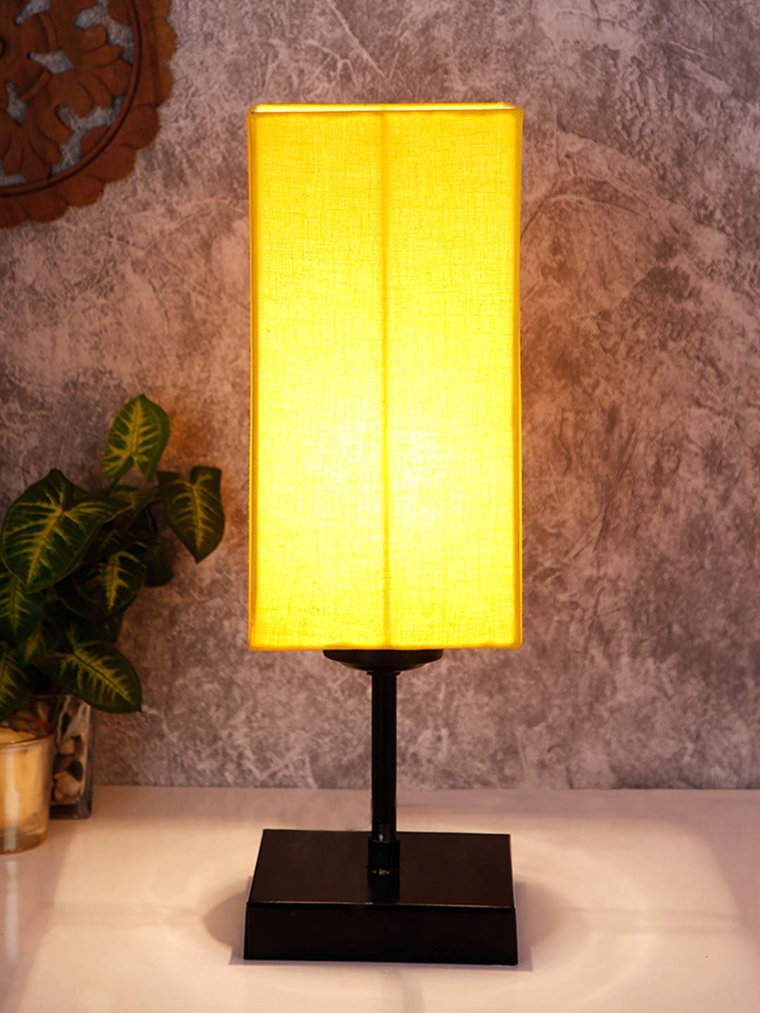 Square Yellow Cotton Shade Table Lamp with Iron Base