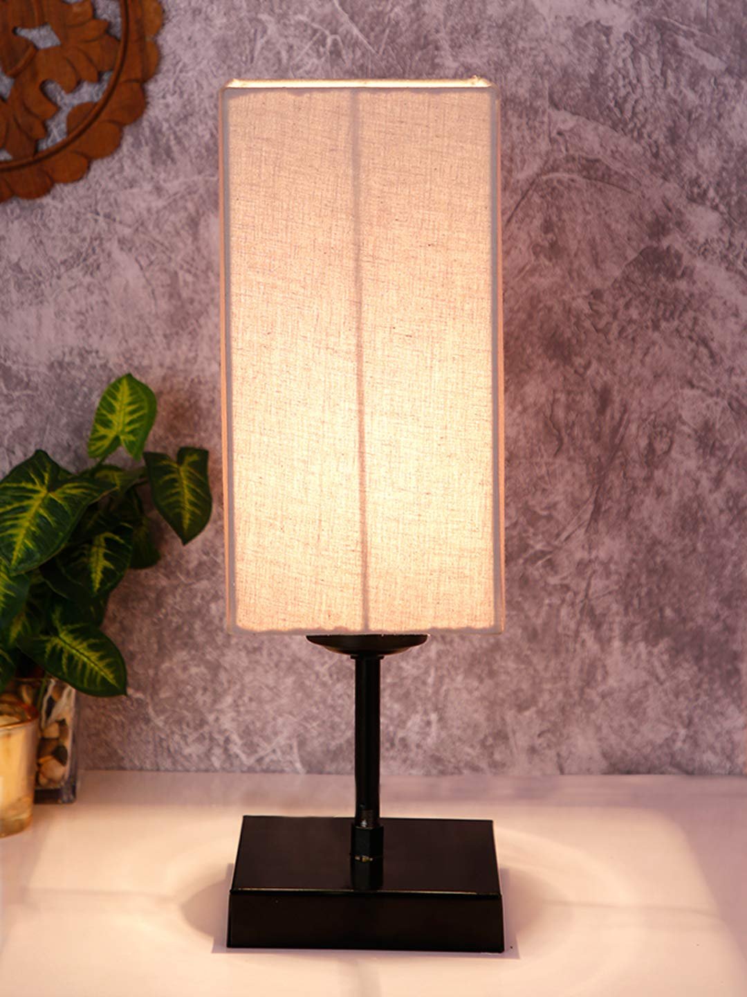 Square Grey Cotton Shade Table Lamp with Iron Base