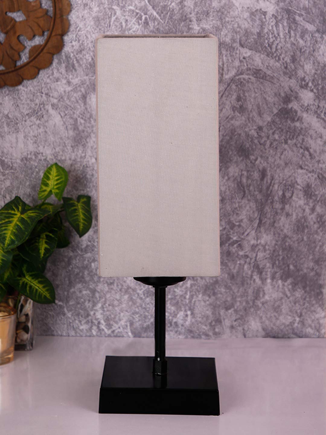 Square Grey Cotton Shade Table Lamp with Iron Base
