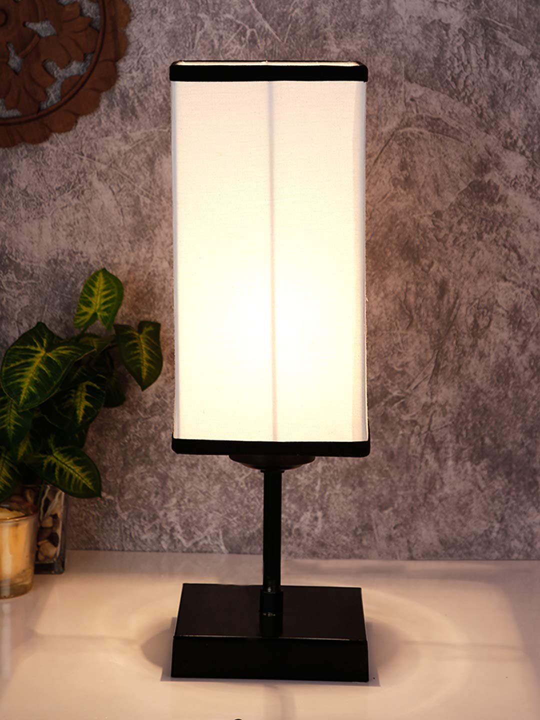 Square Multicolor Cotton Shade Table Lamp with Iron Base