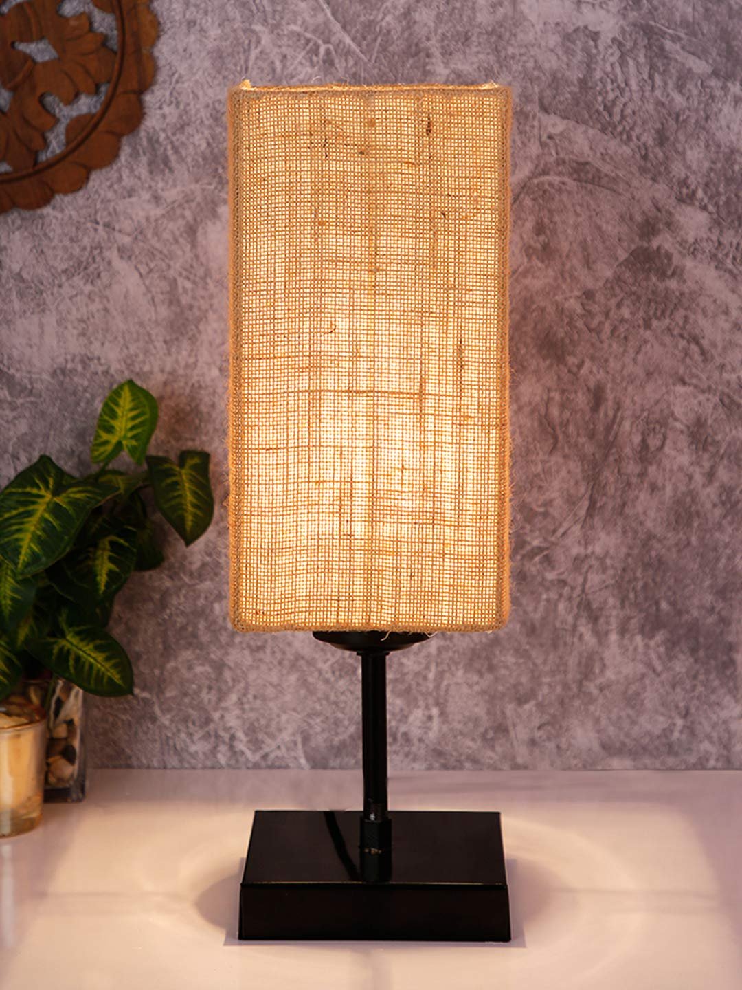 Square Beige Jute Shade Table Lamp with Iron Base