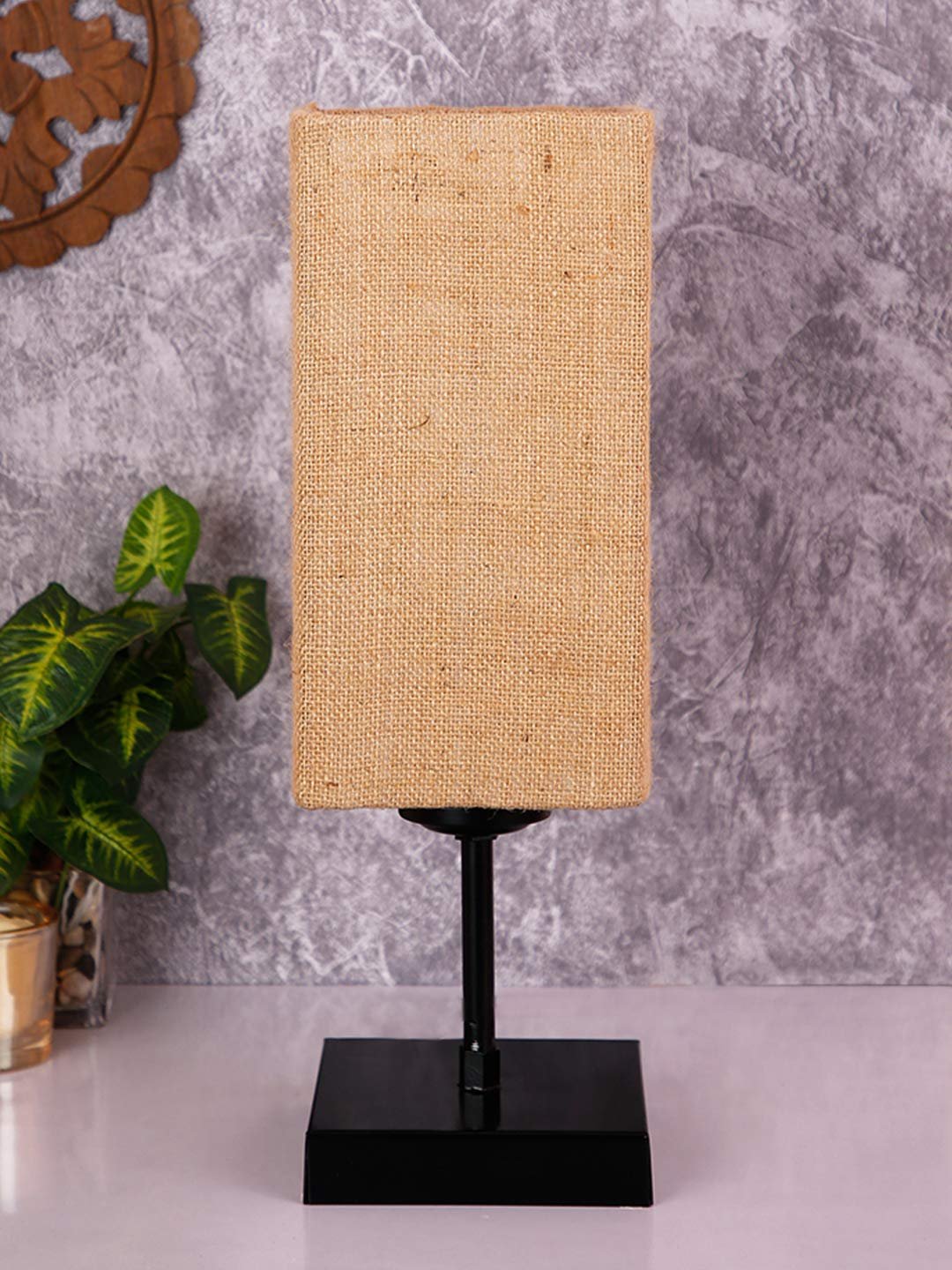 Square Beige Jute Shade Table Lamp with Iron Base