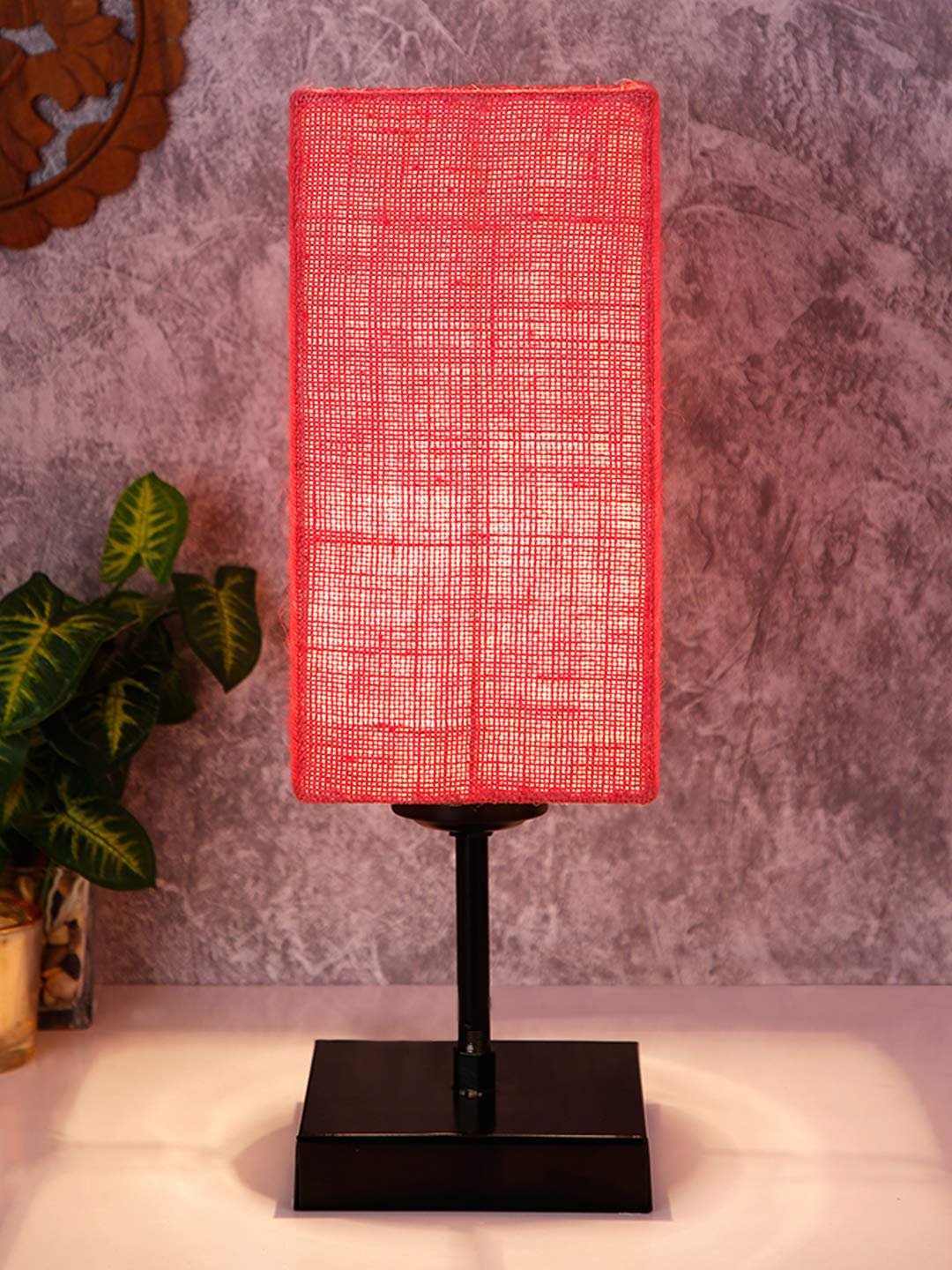 Square Pink Jute Shade Table Lamp with Iron Base