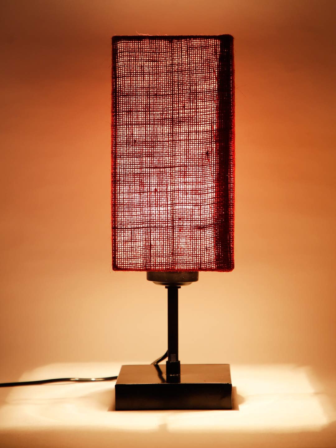 Square Maroon Jute Shade Table Lamp with Iron Base