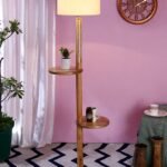 Off-White Cotton Drum Shade Wood Natural Table Floor lamp