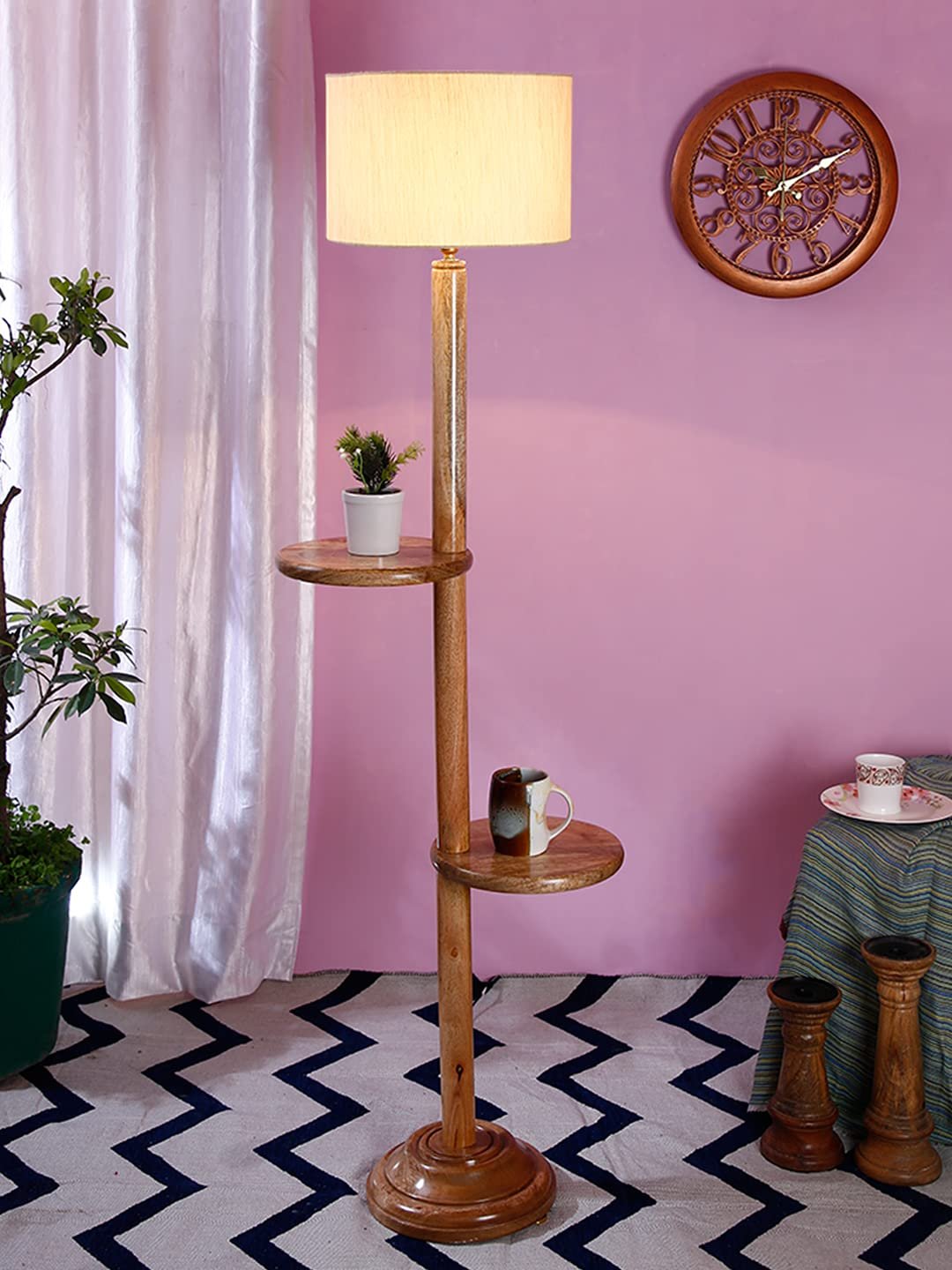 Off-White Cotton Drum Shade Wood Natural Table Floor lamp