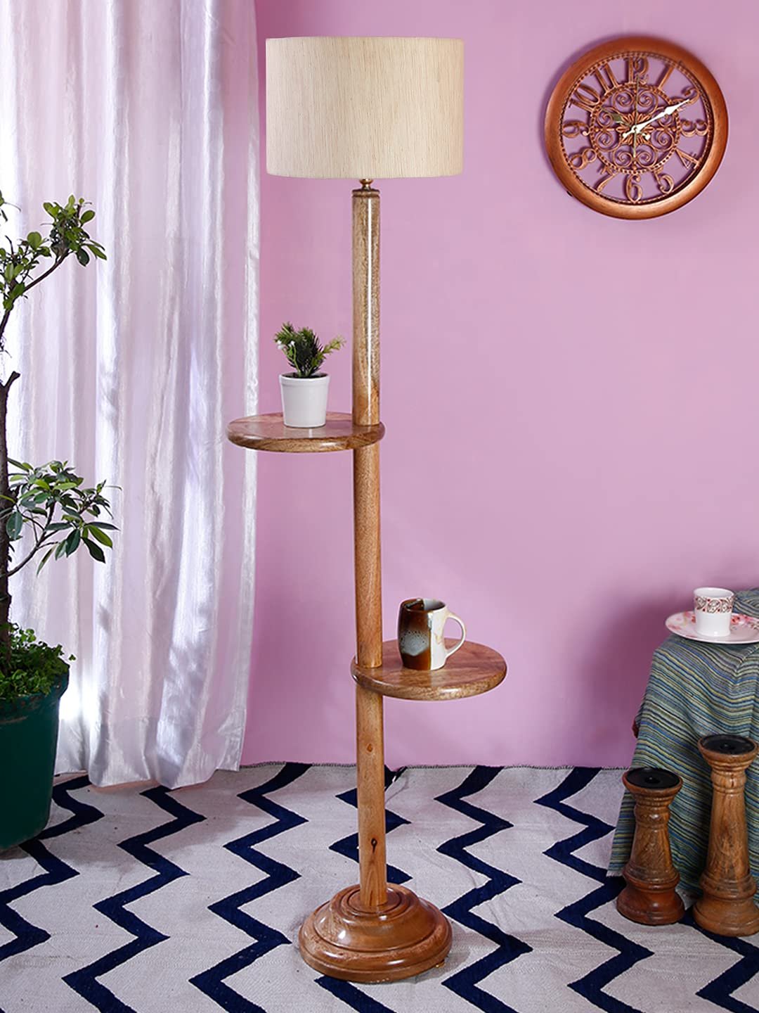 Off-White Cotton Drum Shade Wood Natural Table Floor lamp