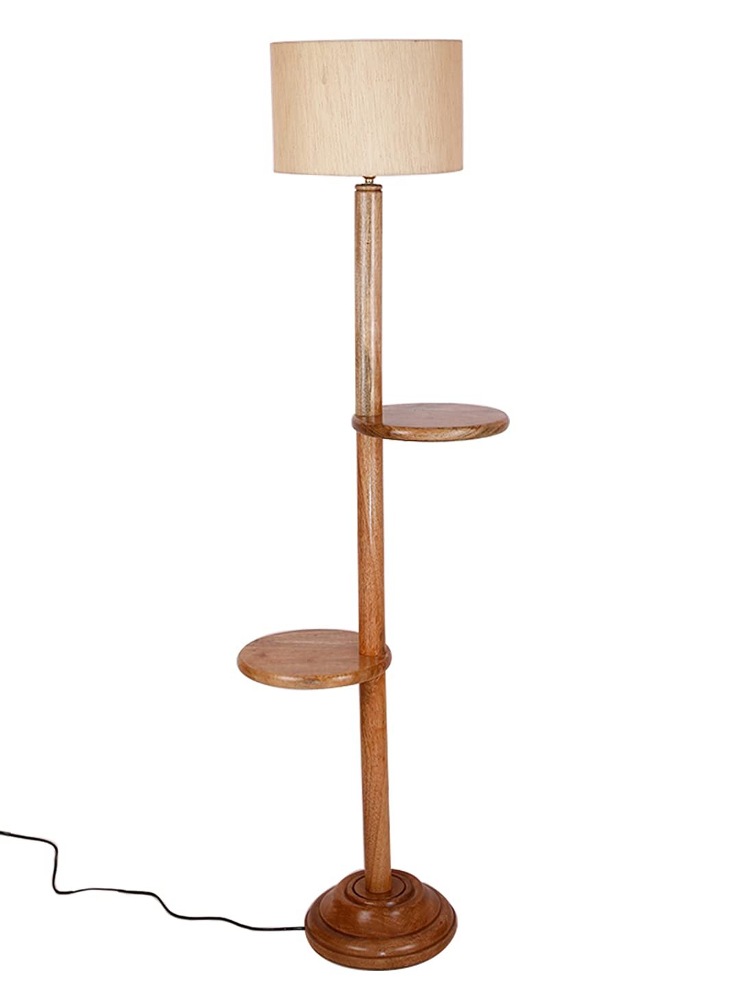 Off-White Cotton Drum Shade Wood Natural Table Floor lamp