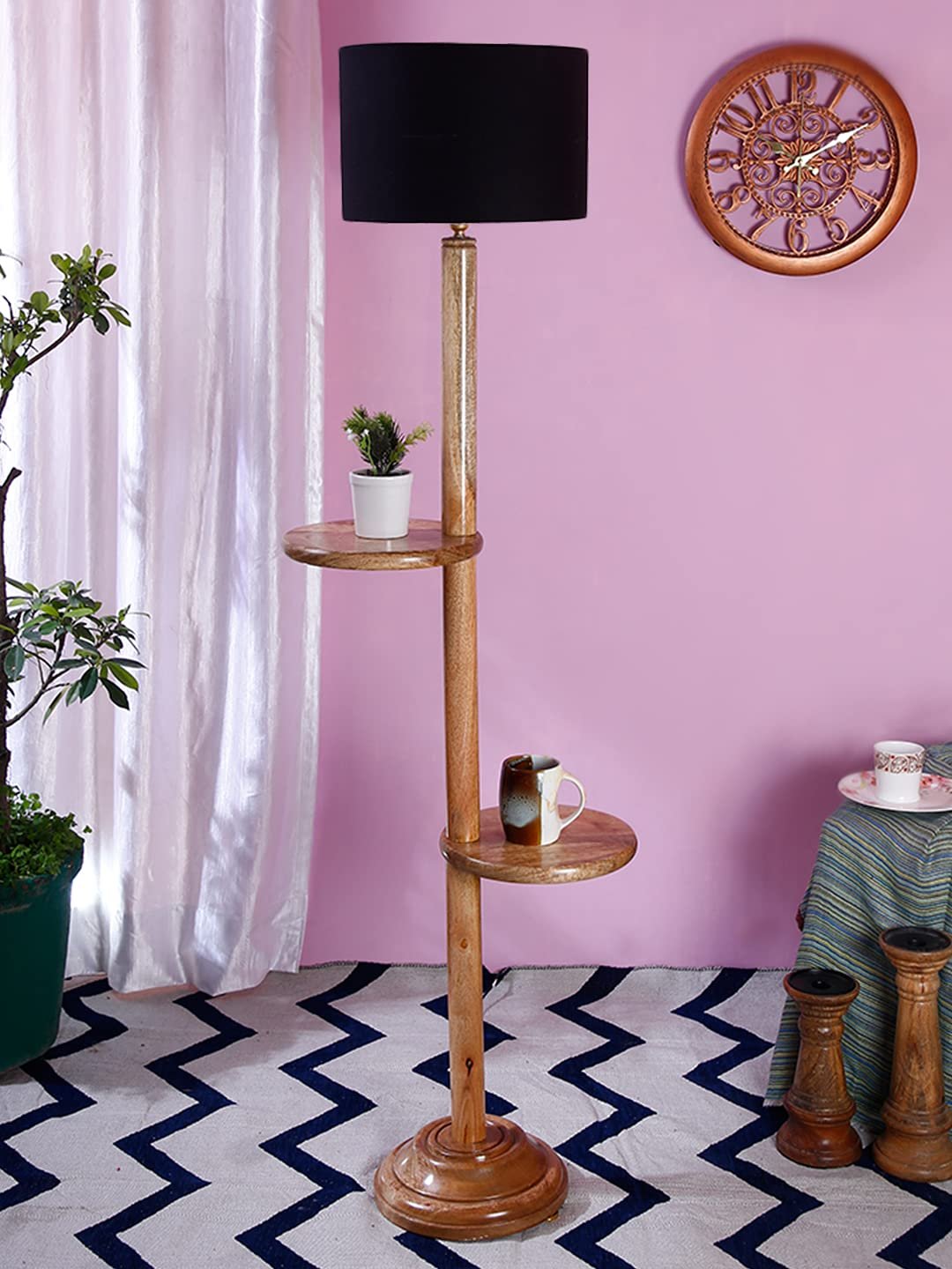Black Cotton Drum Shade Wood Natural Table Floor lamp