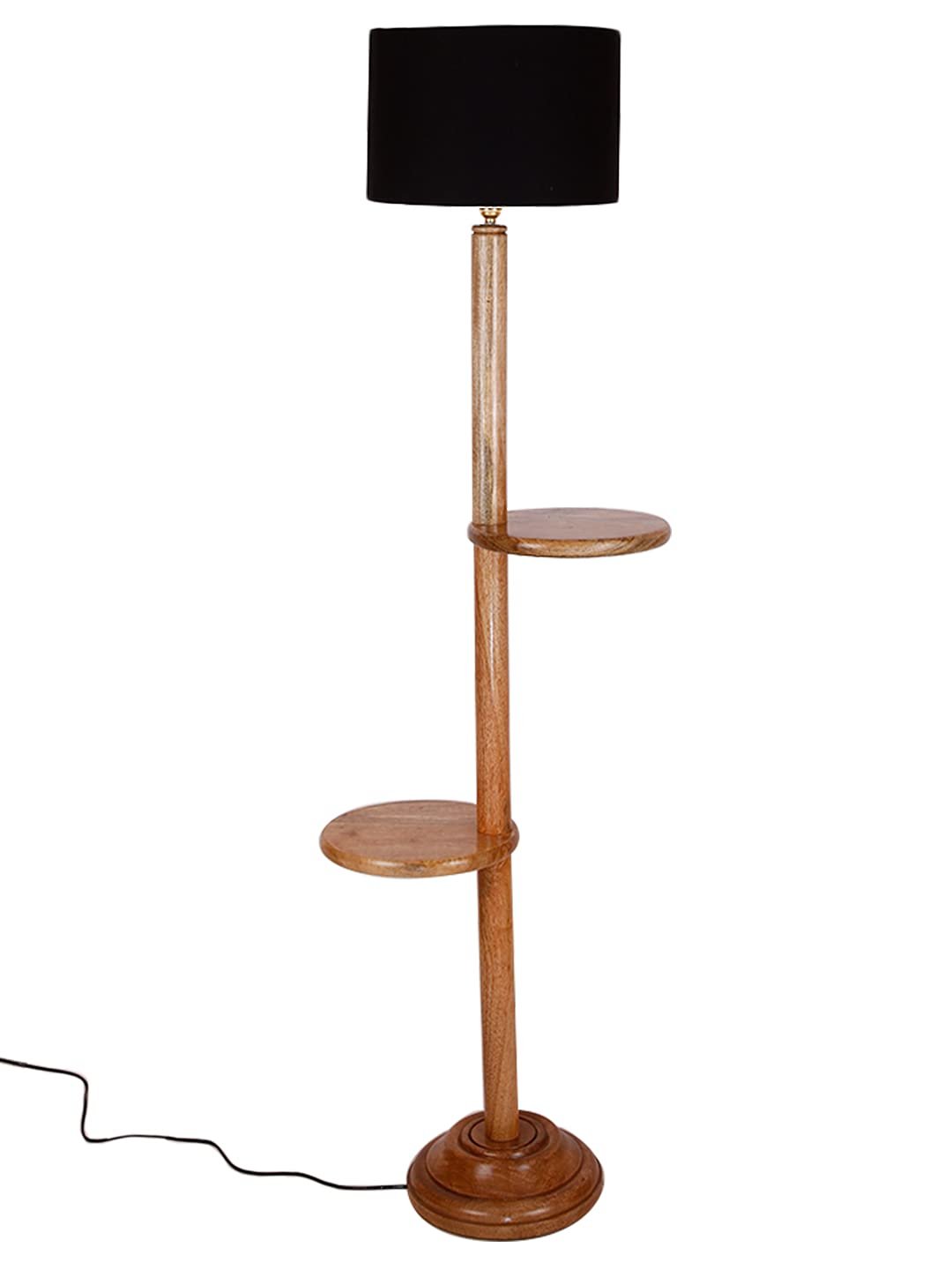 Black Cotton Drum Shade Wood Natural Table Floor lamp