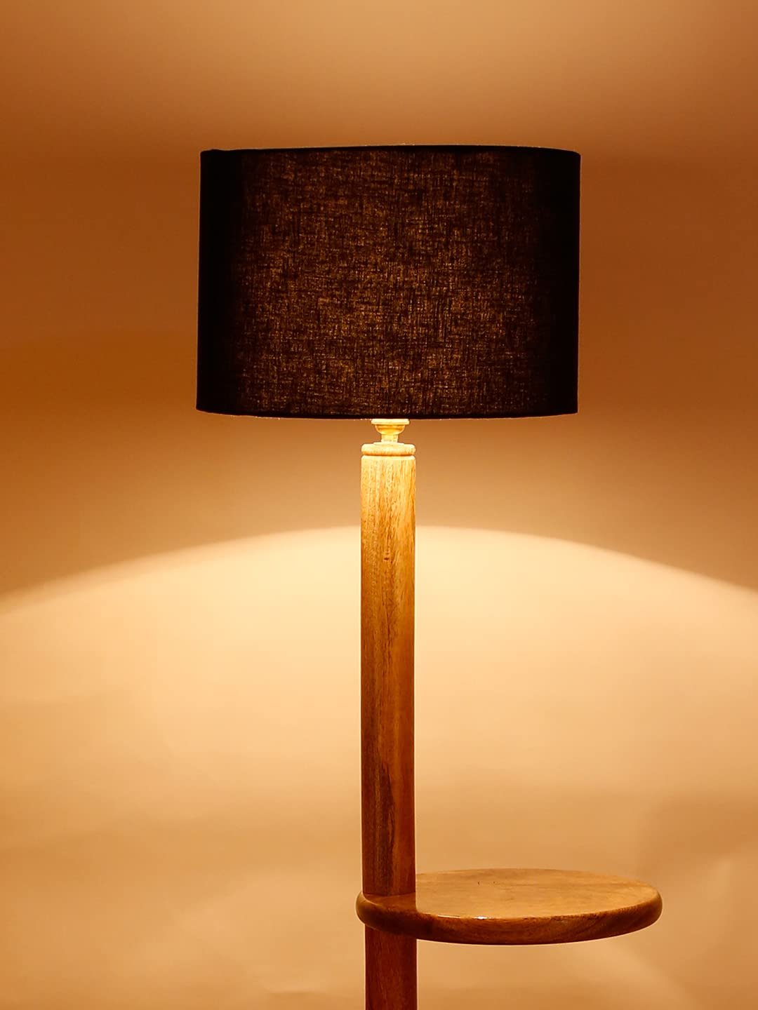 Black Cotton Drum Shade Wood Natural Table Floor lamp