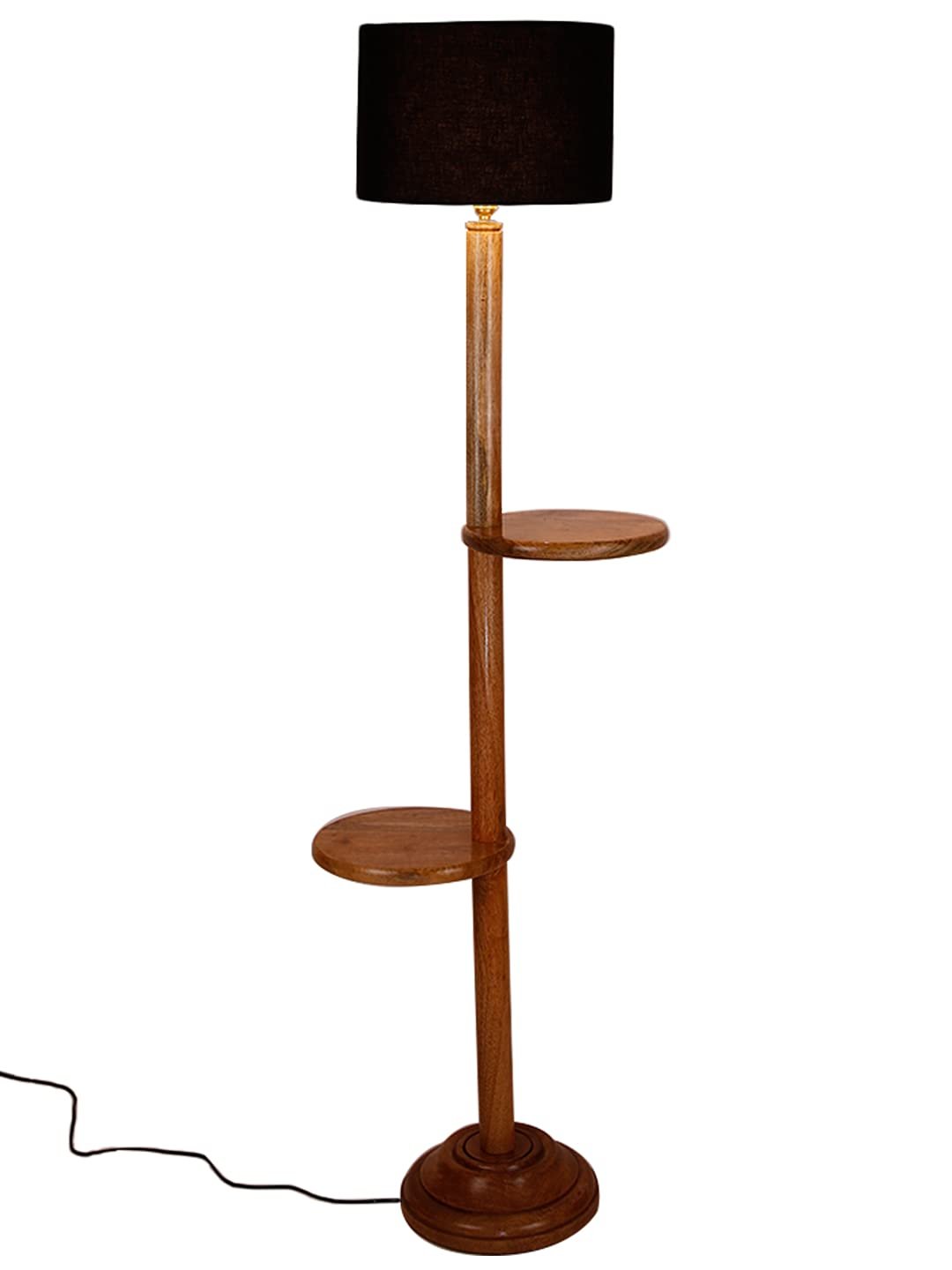 Black Cotton Drum Shade Wood Natural Table Floor lamp