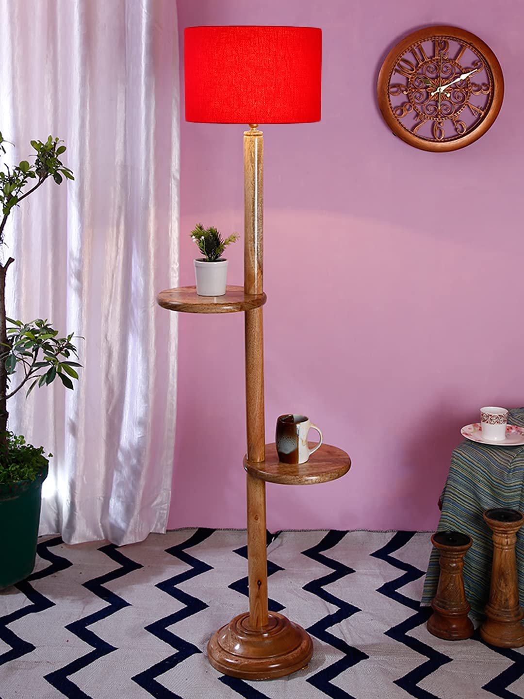 Red Cotton Drum Shade Wood Natural Table Floor lamp