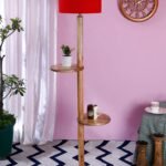 Red Cotton Drum Shade Wood Natural Table Floor lamp