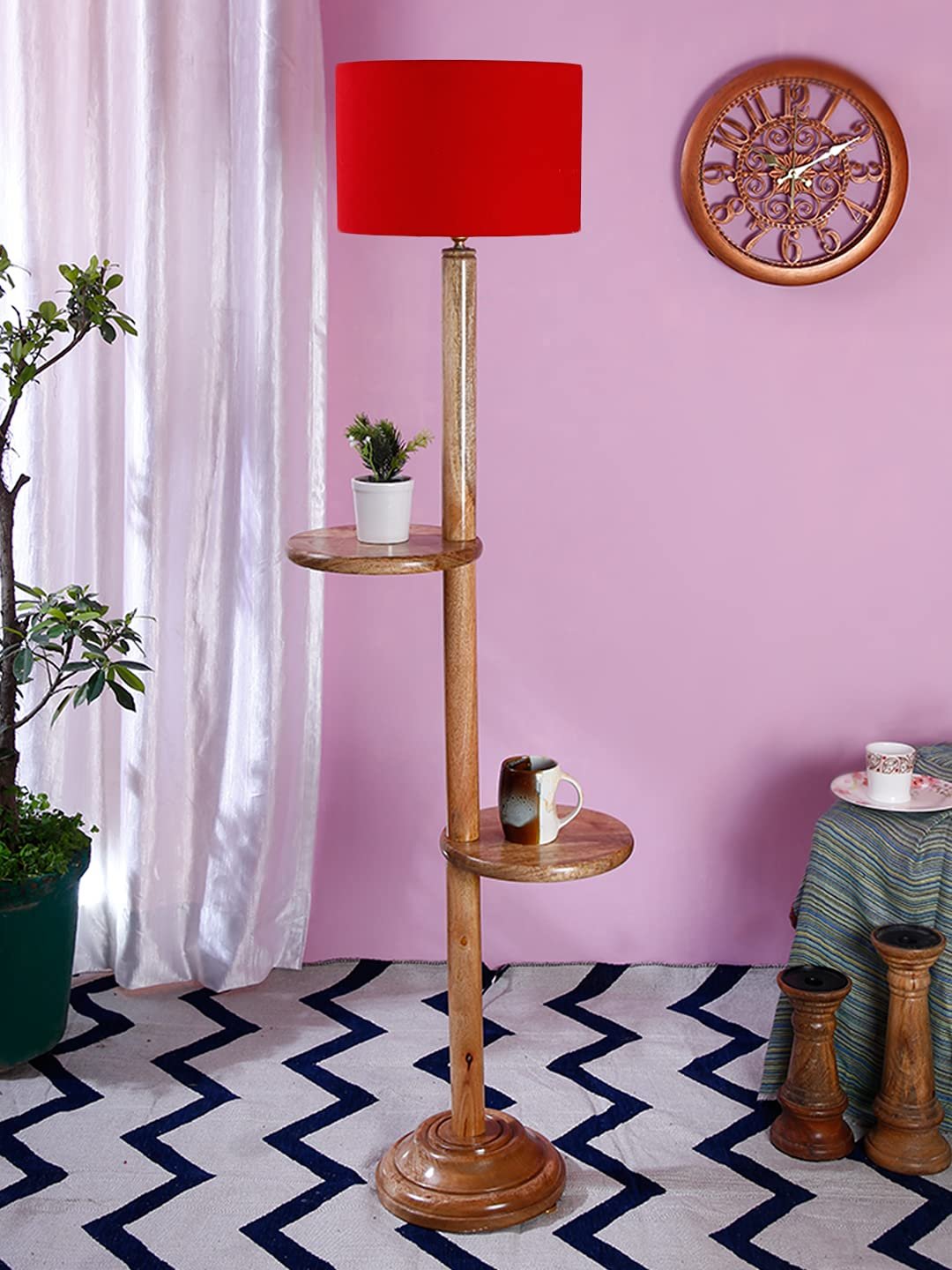 Red Cotton Drum Shade Wood Natural Table Floor lamp