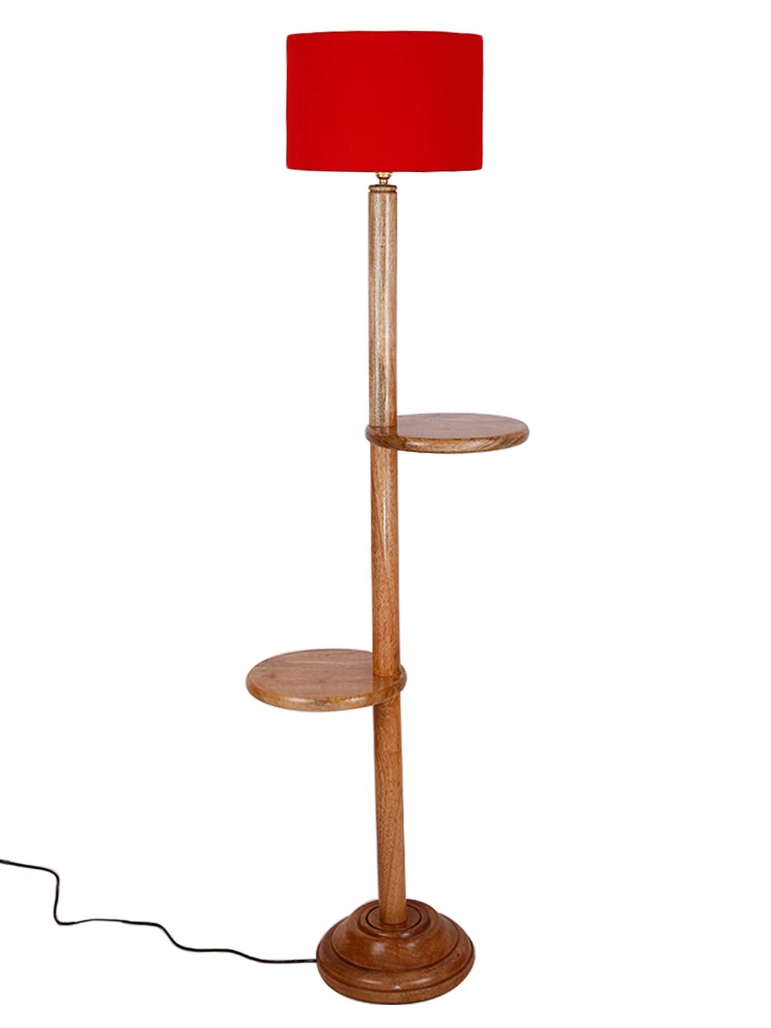 Red Cotton Drum Shade Wood Natural Table Floor lamp