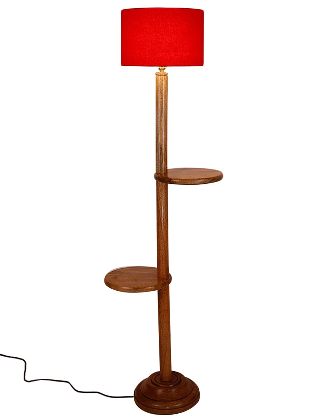 Red Cotton Drum Shade Wood Natural Table Floor lamp
