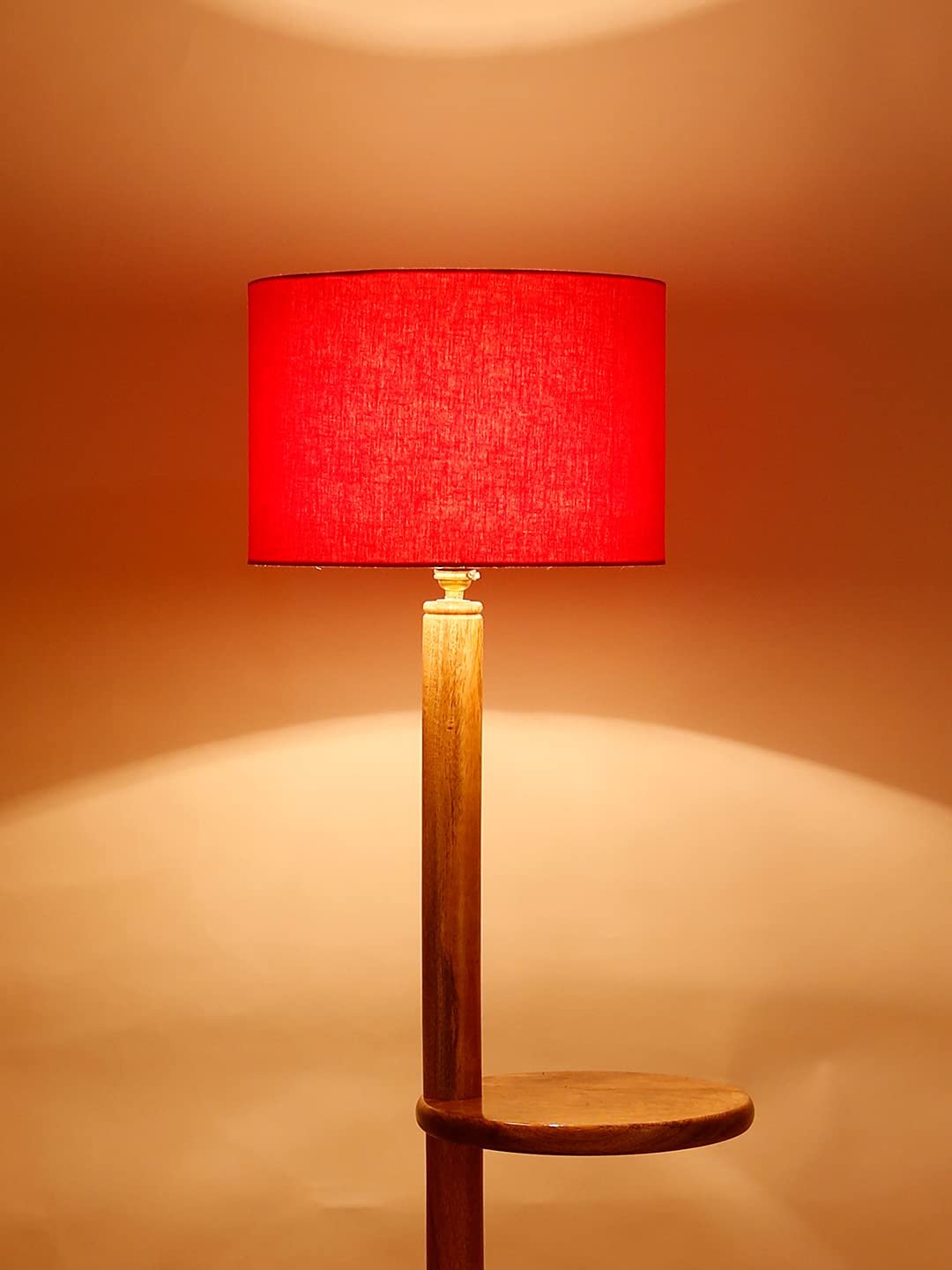 Red Cotton Drum Shade Wood Natural Table Floor lamp