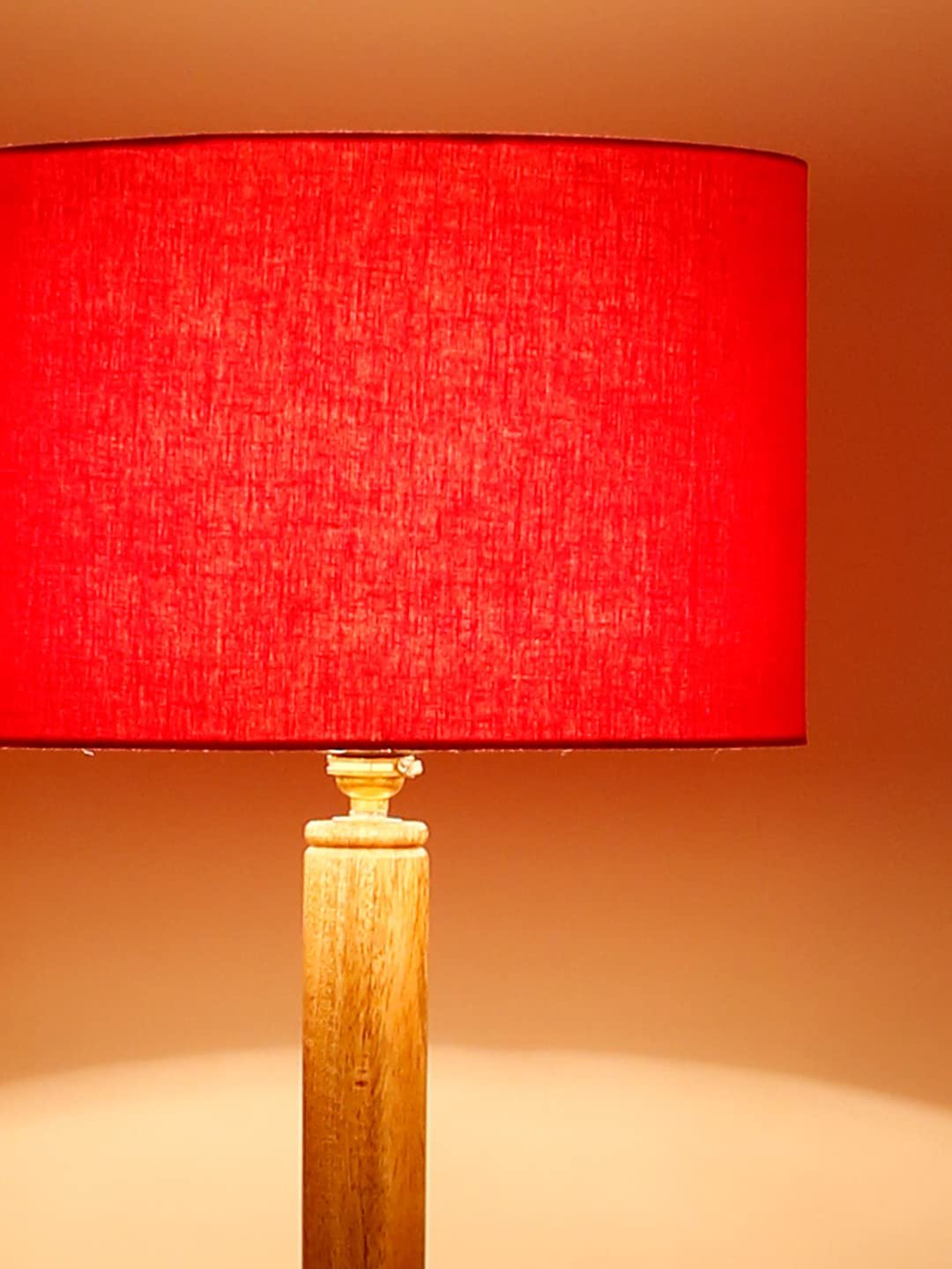 Red Cotton Drum Shade Wood Natural Table Floor lamp