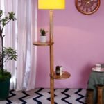 Yellow Cotton Drum Shade Wood Natural Table Floor lamp