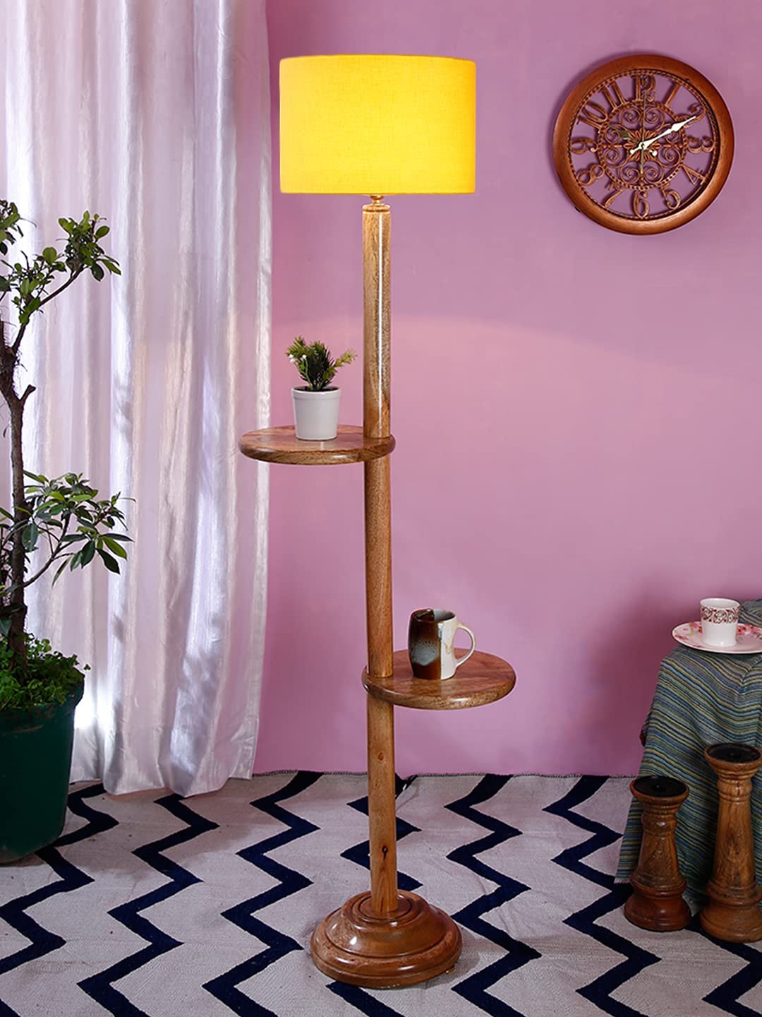 Yellow Cotton Drum Shade Wood Natural Table Floor lamp